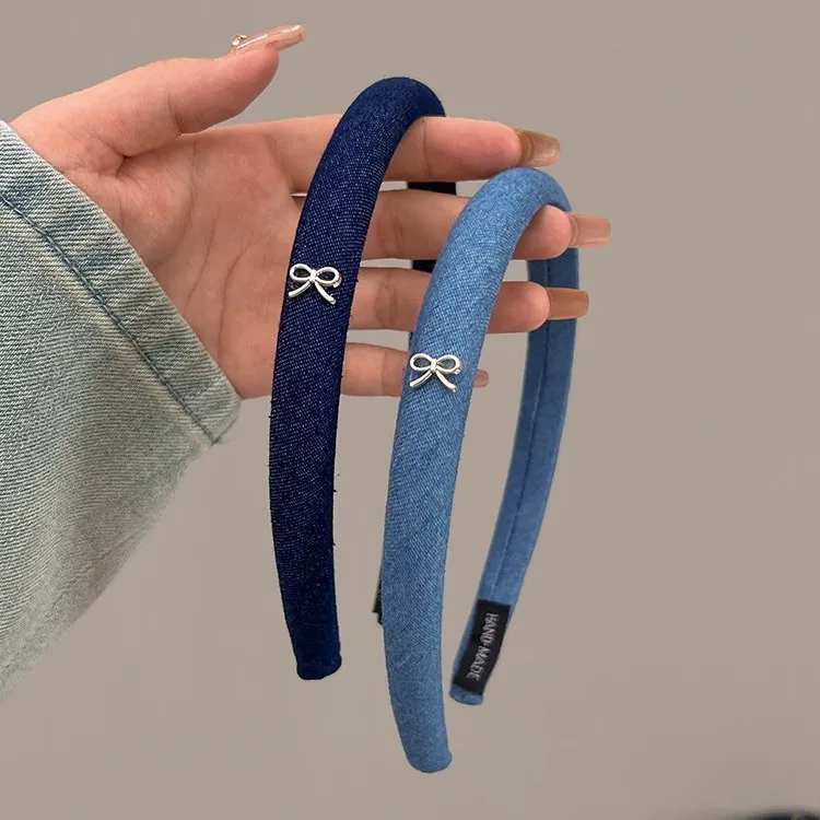 Denim Blue Bow Headband for Women – Edgy-Chic Wide Hair Hoop with High Crown Volume, Non-Slip Face Wash Headband & Versatile Hair Accessory